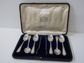 CASED SET OF 6 SILVER COFFEE SPOONS with matching tongs, Birmingham 1912