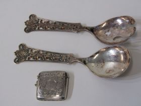 PAIR OF NORWEGIAN SILVER ORNATE HANDLED SERVERS, by Thed Olfens, together with silver curb body