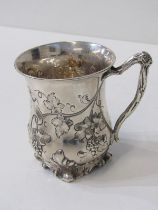 VICTORIAN SILVER CHRISTENING MUG, with attractive vine embossed decoration and crab stock handle,