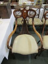 EDWARDIAN MARQUETRY part salon suite, ornate pierced back and marquetry detail open armchairs with