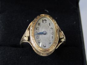 18ct YELLOW GOLD OPERA RING, containing small watch, very unusual design