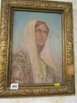 INDISTINCTLY SIGNED OIL ON CANVAS, "Portrait of Young Lady with shawl", 34cm x 24cm