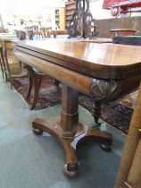 VICTORIAN ROSEWOOD FOLD TOP CARD TABLE, on tapering, octagonal pedestal with bun feet, 92cm width