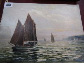 A. W. HIGHAM, signed oil on board "Cornish Crabbers leaving harbour", 24cm x 31cm