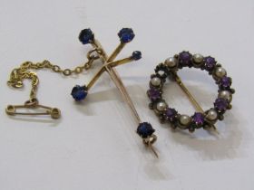 GOLD BROOCHES, a vintage pearl & amethyst brooch set in 15ct gold together with a 9ct gold bar