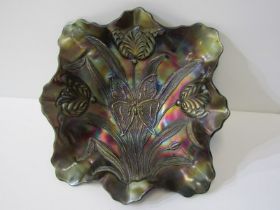 CARNIVAL GLASS, Dugan "Butterfly and Tulips" pattern shaped footed bowl, 27cm diameter