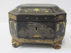 CHINESE LAQUER TEA CADDY, octagonal gilt laquered tea caddy with pewter lidded interior and carved