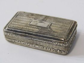 LATE GEORGIAN SILVER RECTANGULAR SNUFF BOX, engine turned decoration with floral raised edging,