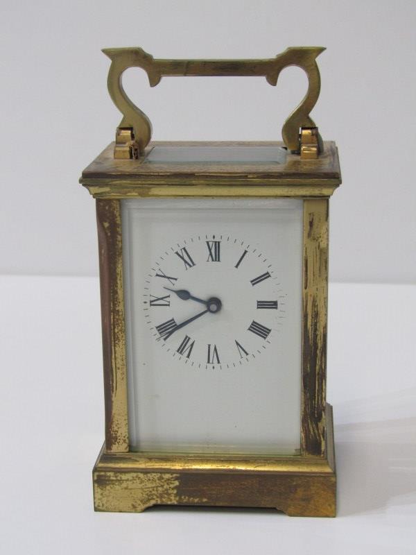 BRASS CARRIAGE CLOCK, plain casing with bevelled glass panels, stamped to reverse "WJH", 12cm height