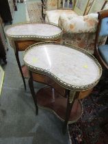 PAIR OF FRENCH MARBLE TOPPED KIDNEY SHAPED 2 TIER OCCASIONAL TABLES, gilt metal mounts and frieze