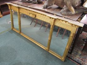 LATE REGENCY GILT OVERMANTLE, triple panelled overmantle with shell cresting and column supports,