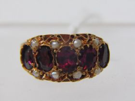 VINTAGE GARNET & PEARL RING, 9ct yellow gold ring, set 5 garnets to centre with pearls to the outer,