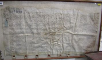 GEORGIAN framed manuscript and sealed indenture, 40cm by 77cm