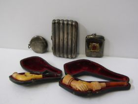 SILVER RIBBED BODY CHEROOT CASE, 67 grams, together with 2 cased Meerschaum cigarette holders, one