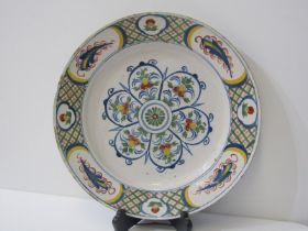 ANTIQUE DELFT, European polychrome 32cm diameter serving dish with 6 lobed floral centre (rim