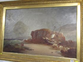 WILLIAM GILL, signed oil on canvas, "After the storm, Schooner at Chapel Rock, Perranporth", 62cm