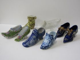 ANTIQUE SHOES, including Victorian pressed glass slipper, Delft shoe and 2 floral encrusted shoes