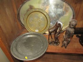 Silver plate oval galleried serving tray; an Egyptian brass circular tray, pewter tray and 2