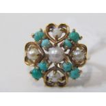 9ct YELLOW GOLD TURQUOISE & PEARL STYLE CLUSTER RING, size N