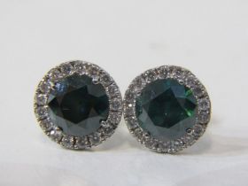 PAIR OF BLUE DIAMOND STUD EARRINGS, attractive pair of halo set blue/green diamond earrings, each