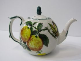 WEMYSS EXON, fruit decorated spherical tea pot and lid, signed B Adams
