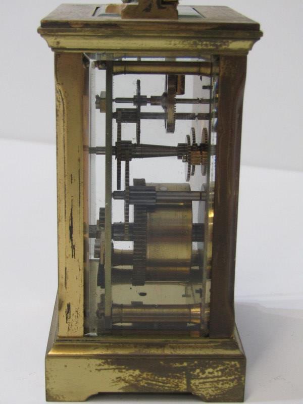 BRASS CARRIAGE CLOCK, plain casing with bevelled glass panels, stamped to reverse "WJH", 12cm height - Image 5 of 7