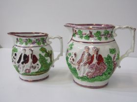 ANTIQUE LUSTRE POTTERY, 2 graduated 19th century moulded pottery milk jugs decorated with huntsman