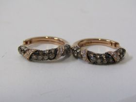 PAIR OF 14ct GOLD LEVAIN DIAMOND EARRINGS, mixed cognac and white brilliant cut stones, hinged