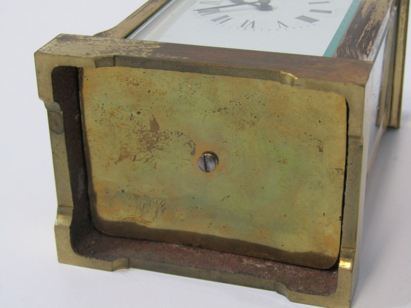 BRASS CARRIAGE CLOCK, plain casing with bevelled glass panels, stamped to reverse "WJH", 12cm height - Image 7 of 7