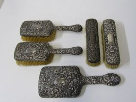 SILVER DRESSING TABLE WARE, collection of 5 pieces of silver backed ornate design dressing table