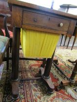 VICTORIAN ROSEWOOD NEEDLEWORK TABLE, column support with stretchered base and pleated compartment,