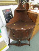 HEPPLEWHITE corner mahogany washstand, stretchered base with drawer facade