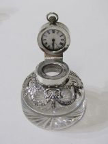 EDWARDIAN SILVER, glass based inkwell, inset with fob watch, London 1907