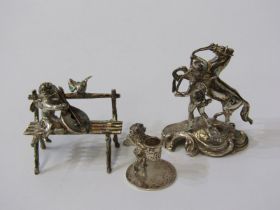 MINIATURE SILVER FIGURES, musical putto on bench, also boy with rearing horse, and putto with