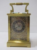 REPEATER CARRIAGE CLOCK, ornate engraved and pierced bird in garden design front and side panelled