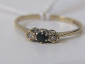 SAPPHIRE & DIAMOND RING, 9ct gold ring set a central sapphire, flanked by 2 diamonds, size N
