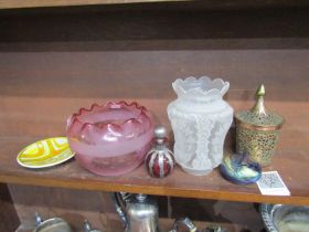TWO FROSTED GLASS OIL LAMP SHADES, a Poole Delphis small dish, silver cased cranberry glass