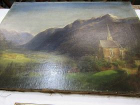 19th CENTURY CONTINENTAL SCHOOL, "Mountain Valley Church", 43cm x 58cm