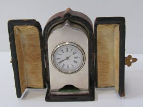 VICTORIAN SILVER BEDROOM CLOCK, plain pointed arch casing, together with original carrying case,