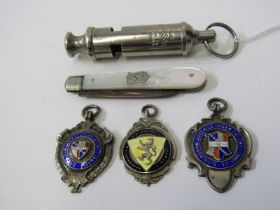 SILVER MEDALLIONS, 3 1930's silver & enameled sportsman medallions, 41grms, a silver bladed fruit