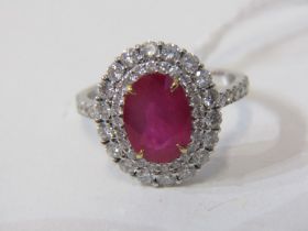 18ct WHITE GOLD RUBY & DIAMOND CLUSTER RING, principal oval cut ruby, approx. 2 carats, surrounded