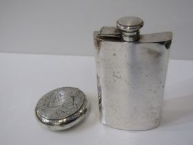 SILVER CIRCULAR TOBACCO BOX, inscribed 1907 (damaged); also antique silver plate curved body hip