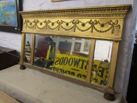 EARLY 19th CENTURY NEO-CLASSICAL GILT OVERMANTLE, triple bevelled edge panel with ribbon and swag