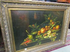 CONTEMPORARY STILL LIFE, oil on board still life, fruit, crab and bowl in the 18th century style