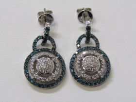 PAIR OF 14ct BLUE & WHITE DIAMOND DROP EARRINGS, total diamond weight approx. 2 carat