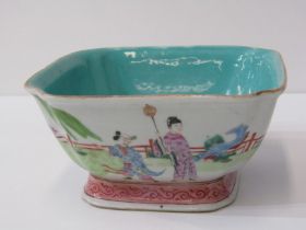 ORIENTAL CERAMICS, Chinese splayed square bodied bowl decorated with courtiers and angler, square