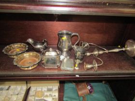 SILVER PLATE, pair of Sheffield plate decanter coasters , a large bell shaped tankard and contents