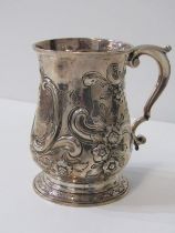 GEORGE II SILVER BALUSTER SHAPED TANKARD, embossed floral and scroll design with double scroll