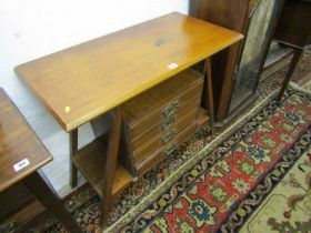 EDWARDIAN OAK MUSIC TABLE, rectangular top on splayed supports with central nest of 4 fall front