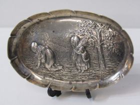 VICTORIAN SILVER TRAY, an oval silver tray decorated with 2 ladies in the harvest field beside a